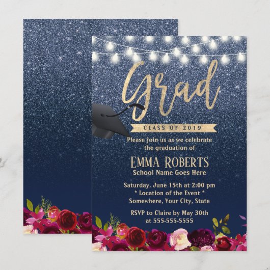 Afstuderen Modern Navy Blue Bourgogne Red Floral Kaart (Voorkant / Achterkant)