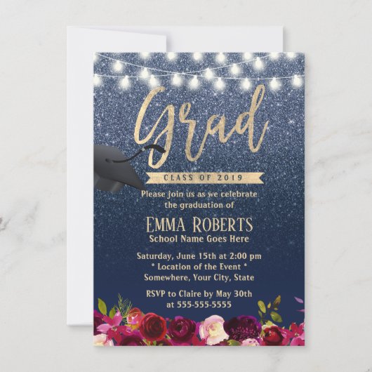 Afstuderen Modern Navy Blue Bourgogne Red Floral Kaart (Voorkant)