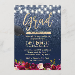 Afstuderen Modern Navy Blue Bourgogne Red Floral Kaart