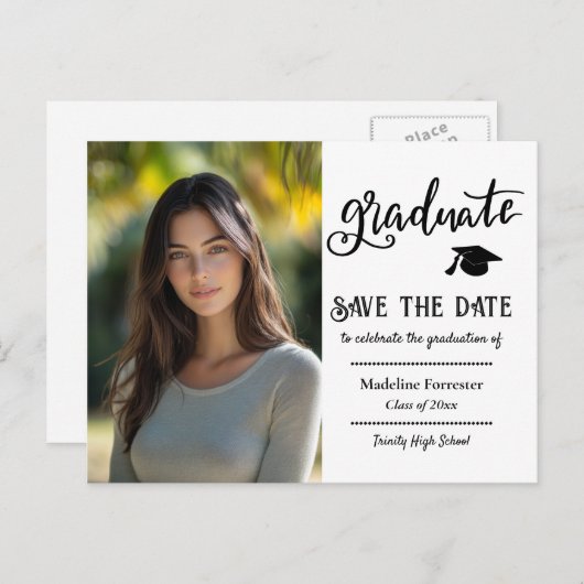 Afstuderen Modern Script De datum opslaan Afstudee Aankondigingskaart (Voorkant / Achterkant)