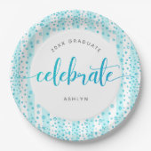 Afstuderen modern turquoise glitter script stippen papieren bordje (Voorkant)
