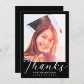 Afstuderen Modern White Script Photo Black Bedankkaart (Voorkant / Achterkant)