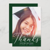 Afstuderen Modern wit script Foto groen Bedankkaart (Voorkant / Achterkant)