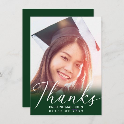 Afstuderen Modern wit script Foto groen Bedankkaart (Voorkant / Achterkant)