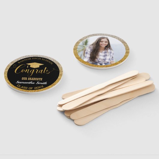 Afstuderen Modern Zwart en Goud Afstuderen Foto Handwaaier (Niet-gemonteerd)