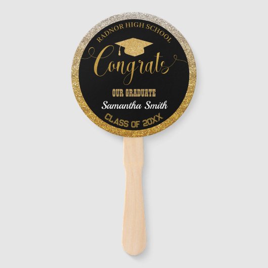 Afstuderen Modern Zwart en Goud Afstuderen Foto Handwaaier (Voorkant)