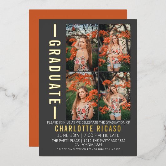 Afstuderen Moderne foto-sjabloon Aangepast Folie Uitnodiging (Voorkant / Achterkant)