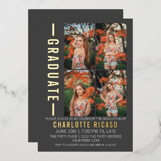 Afstuderen Moderne foto-sjabloon Aangepast Folie Uitnodiging (Voorkant / Achterkant)