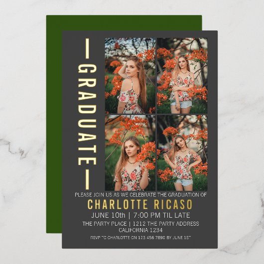 Afstuderen Moderne foto-sjabloon Aangepast Folie Uitnodiging (Voorkant / Achterkant)