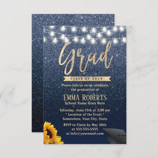 Afstuderen moderne marineblauw zonnebloem kaart (Voorkant / Achterkant)