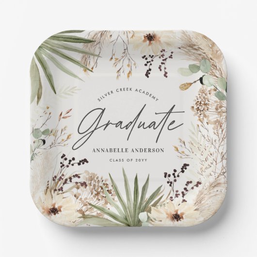 Afstuderen moderne pampas loof elegant chic papieren bordje (Voorkant)