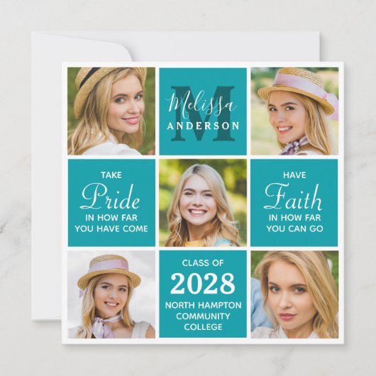 Afstuderen Monogram 5 Foto Collage Blauwgroen Afst Aankondiging (Voorkant)