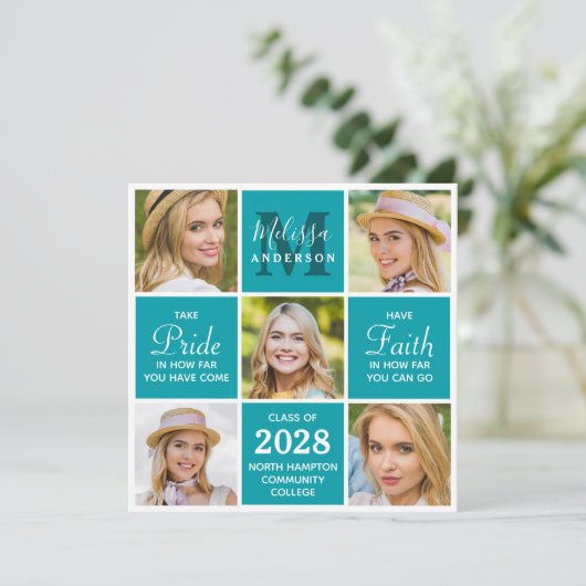 Afstuderen Monogram 5 Foto Collage Blauwgroen Afst Kaart (Staand voorkant)