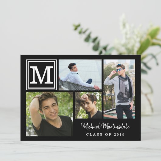 Afstuderen Monogram Foto Collage Black Kaart (Staand voorkant)