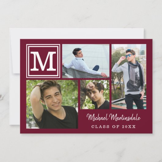 Afstuderen Monogram Foto Collage Burgundy Maroon Kaart (Voorkant)