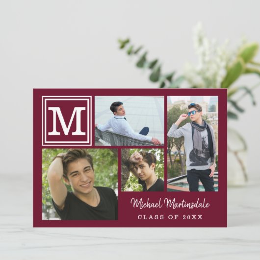 Afstuderen Monogram Foto Collage Burgundy Maroon Kaart (Staand voorkant)