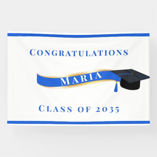Afstuderen Mortar Board Blue en White Spandoek (Horizontaal)
