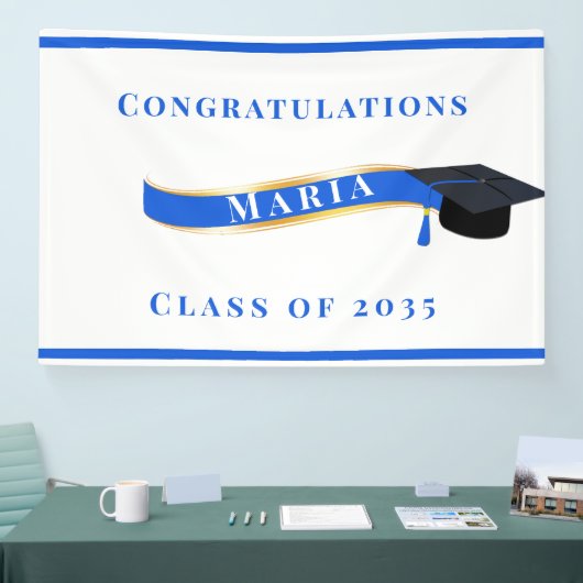 Afstuderen Mortar Board Blue en White Spandoek (Beurs)