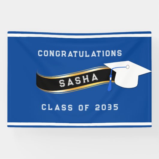 Afstuderen Mortar Board Blue en White Spandoek (Horizontaal)