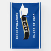 Afstuderen Mortar Board Blue en White Spandoek (Verticaal)