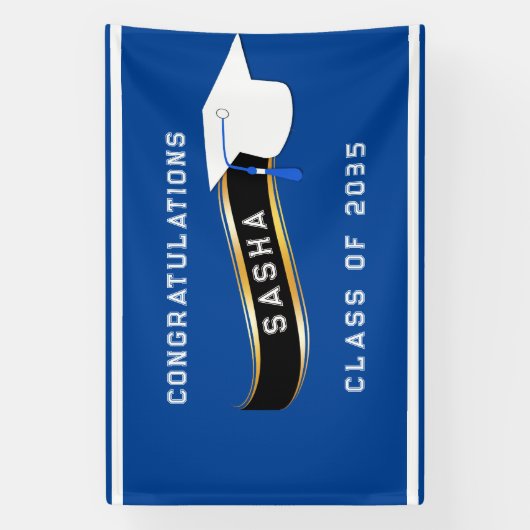 Afstuderen Mortar Board Blue en White Spandoek (Verticaal)