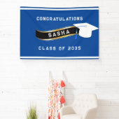Afstuderen Mortar Board Blue en White Spandoek (Insitu)