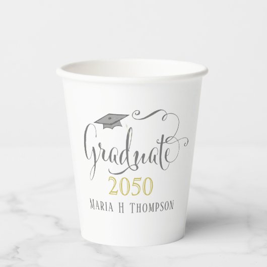 Afstuderen Mortarboard Gold met modern elegant scr Papieren Bekers (Voorkant)