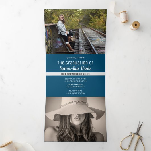 Afstuderen Multi Photo Simple Blue Confetti 2022 Drieluik Aankondiging (Binnen)