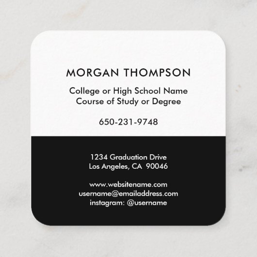 Afstuderen Naam Contact Info Zwart Wit Afstuderen Vierkante Visitekaartje (Achterkant)