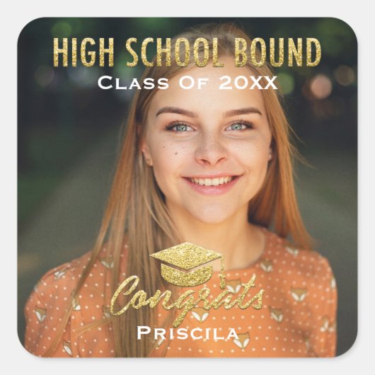 Afstuderen Naam Gold Glitter High School Moden Vierkante Sticker (Voorkant)