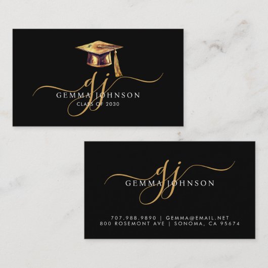 Afstuderen Naam Goud Monogram Zwart Insert Kaart Contactkaartje (Voorkant / Achterkant)