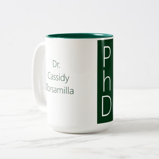 Afstuderen naam Groene graad PhD Tweekleurige Koffiemok (Voorkant links)