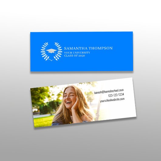 Afstuderen Naam Kaart Foto Elegant Blauw en Wit Mini Visitekaartje