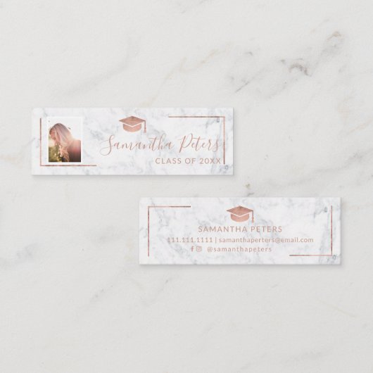 Afstuderen naam roos goudbruine marmer foto mini visitekaartje (Voorkant / Achterkant)