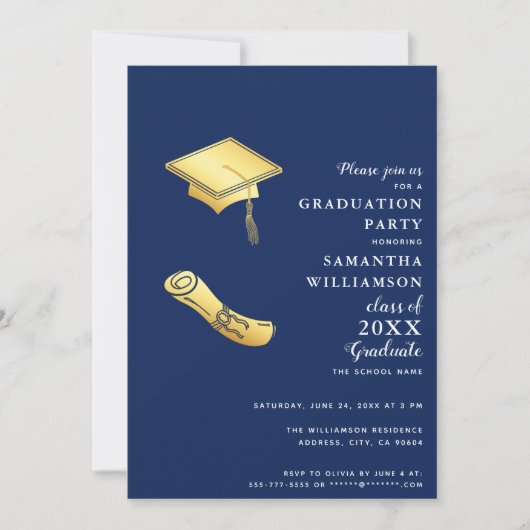 Afstuderen Navy Blauw Wit Goud Fotoklasse 2025 Kaart (Voorkant)