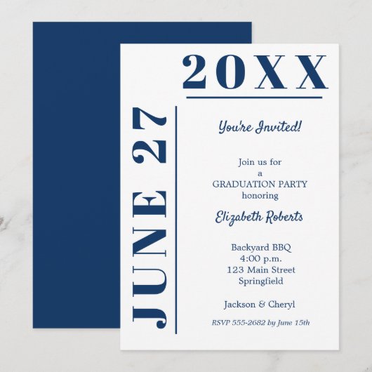 Afstuderen Navy Blue en White Party Kaart (Voorkant / Achterkant)