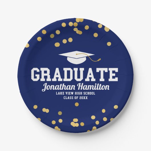 Afstuderen Navy Blue Gold Confetti Graduation Part Papieren Bordje (Voorkant)