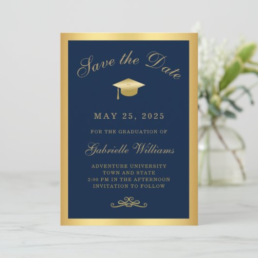 Afstuderen Navy Blue Gold Lijst Save the Date Aankondiging (Staand voorkant)