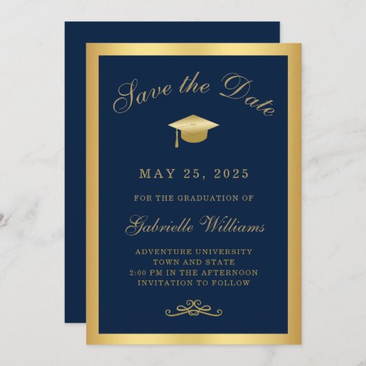 Afstuderen Navy Blue Gold Lijst Save the Date Aankondiging (Voorkant / Achterkant)
