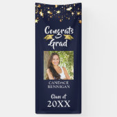 Afstuderen Navy Blue Gold Stars Brush Script Foto Spandoek (Verticaal)