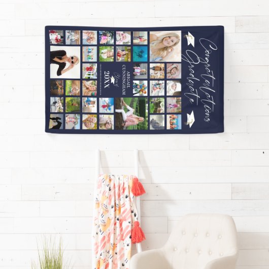 Afstuderen Navy Blue Photo Collage Elegant Script Spandoek (Insitu)