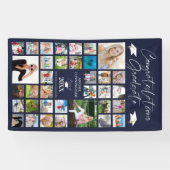 Afstuderen Navy Blue Photo Collage Elegant Script Spandoek (Horizontaal)