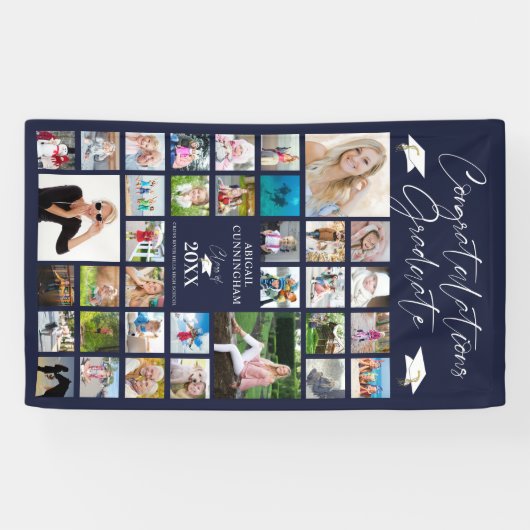 Afstuderen Navy Blue Photo Collage Elegant Script Spandoek (Horizontaal)