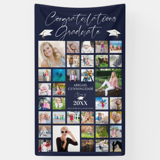 Afstuderen Navy Blue Photo Collage Elegant Script Spandoek (Verticaal)