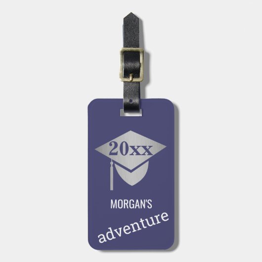 Afstuderen Navy Blue Silver Travel Adventure Bagagelabel (Voorkant verticaal)