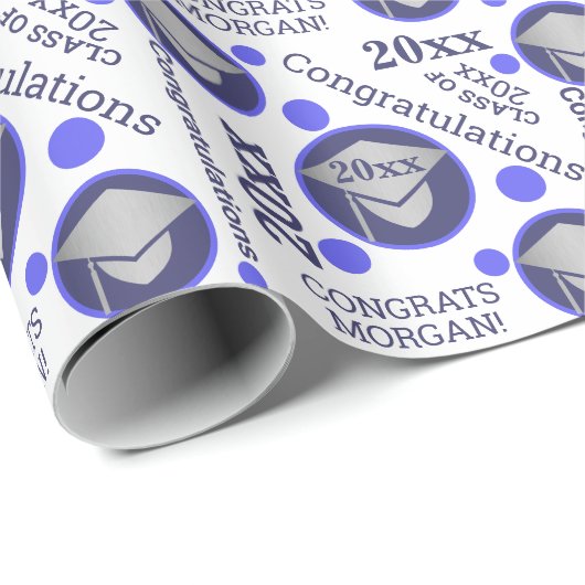 Afstuderen Navy Blue Silver Typography Add Year Cadeaupapier (Rol Hoek)