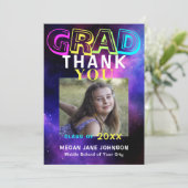 Afstuderen neon glow afstudeerder foto bedankkaart (Staand voorkant)