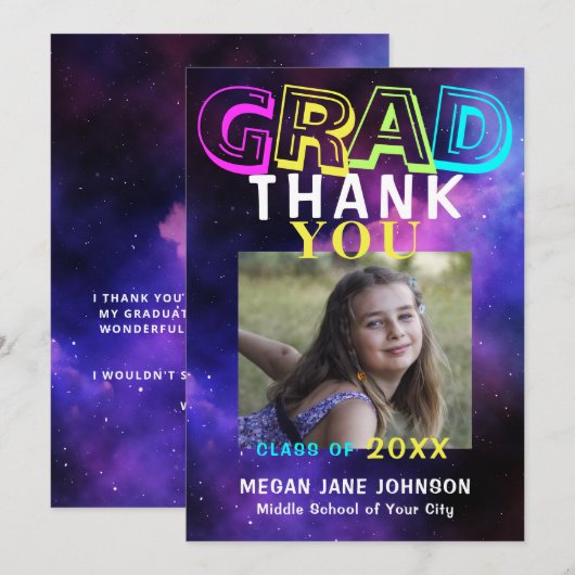 Afstuderen neon glow afstudeerder foto bedankkaart (Voorkant / Achterkant)