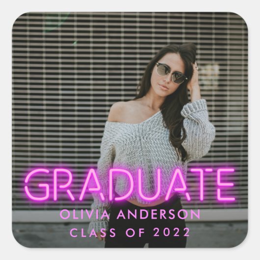 Afstuderen neon roze foto moderne congraties vierkante sticker (Voorkant)