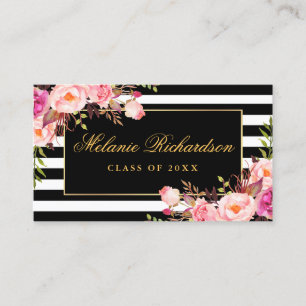 Afstuderen Networking Gold Pink Floral Striped Visitekaartje